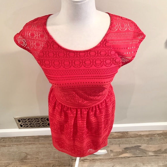 buttons Red Lace Cap Sleeve fit and flare Dress - Picture 6 of 7